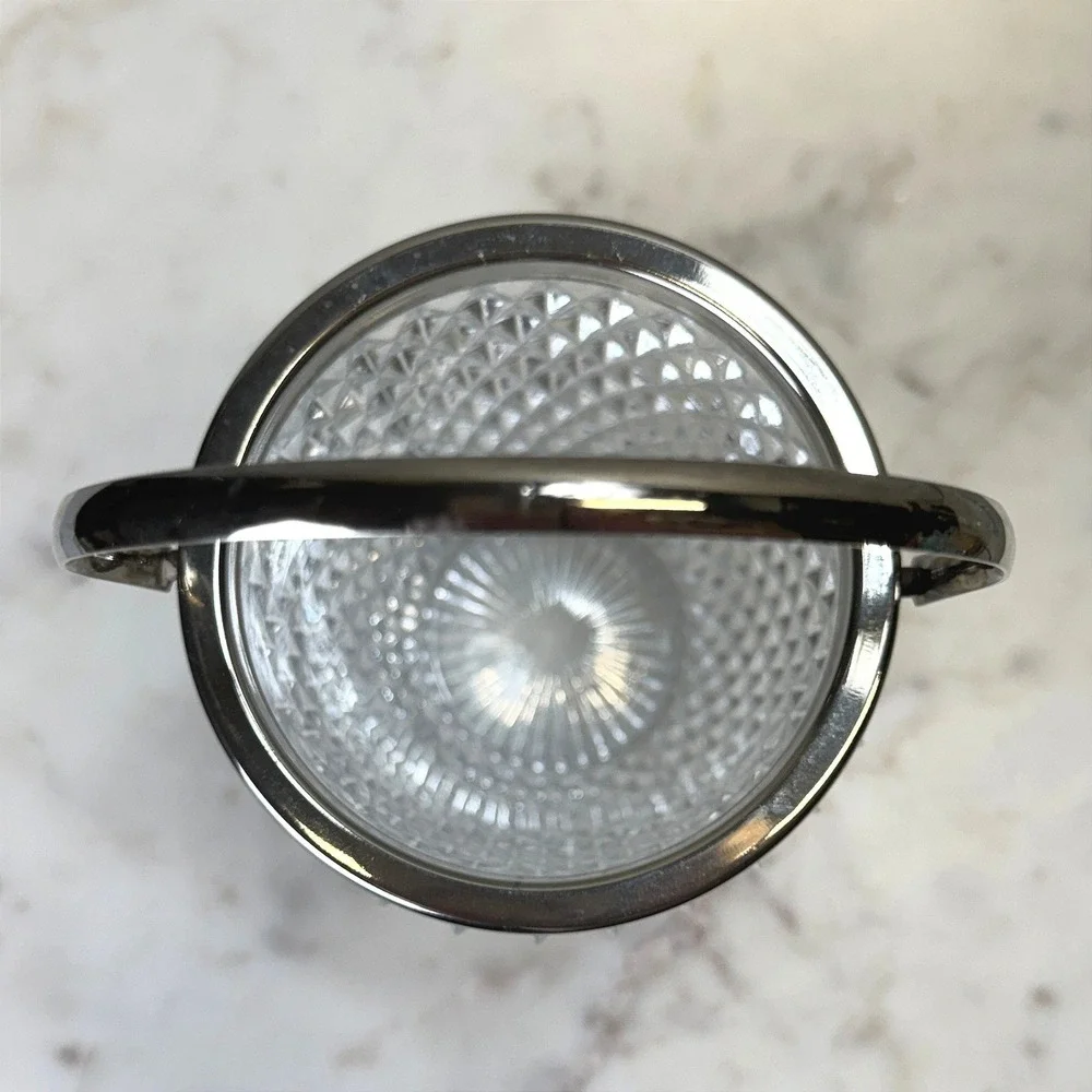 Vintage‎ English Cut Glass Ice Bucket Silver Rim Swing Handle Diamond Point Bar